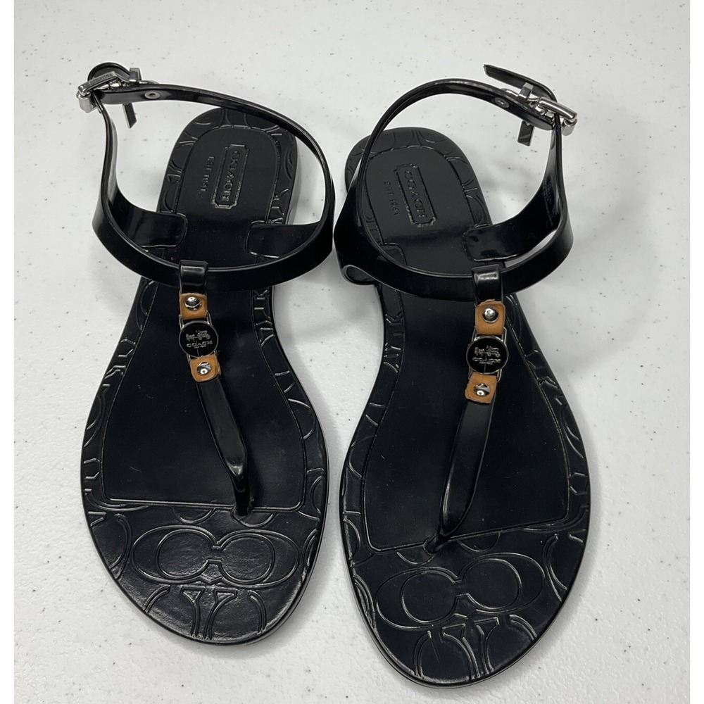 Coach Piccadilly Sandals Womens Sz 6B Black Rubber T-Strap Thong Signature Logo - Picture 3 of 8